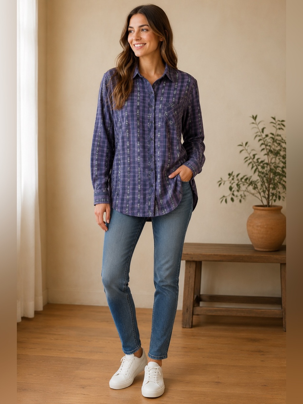BDG Purple Plaid Button Down Shirt Large Long Sleeve Boho Grunge